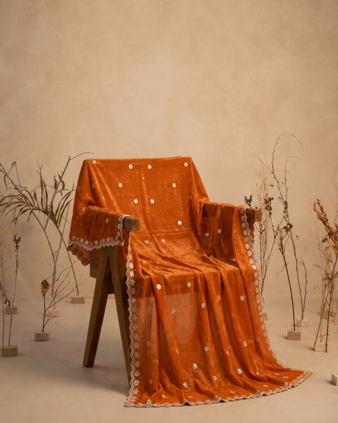 Noore Charm Orange Tissue Silk Dupatta With Sequins & Zari Work