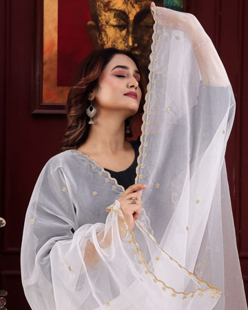 Dyeable Organza Embroidered Dupatta With Sequins & Zari Work - Pankhudi