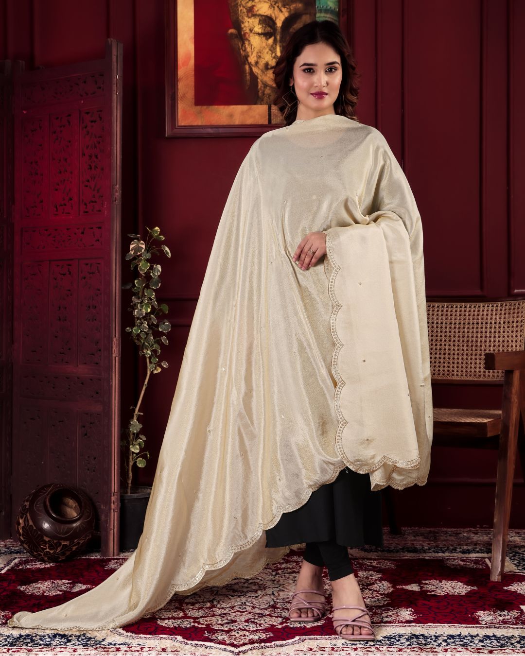 Dyeable Tissue Silk Embroidered Dupatta With Sequins & Zari Work - Mehboob Andaaz