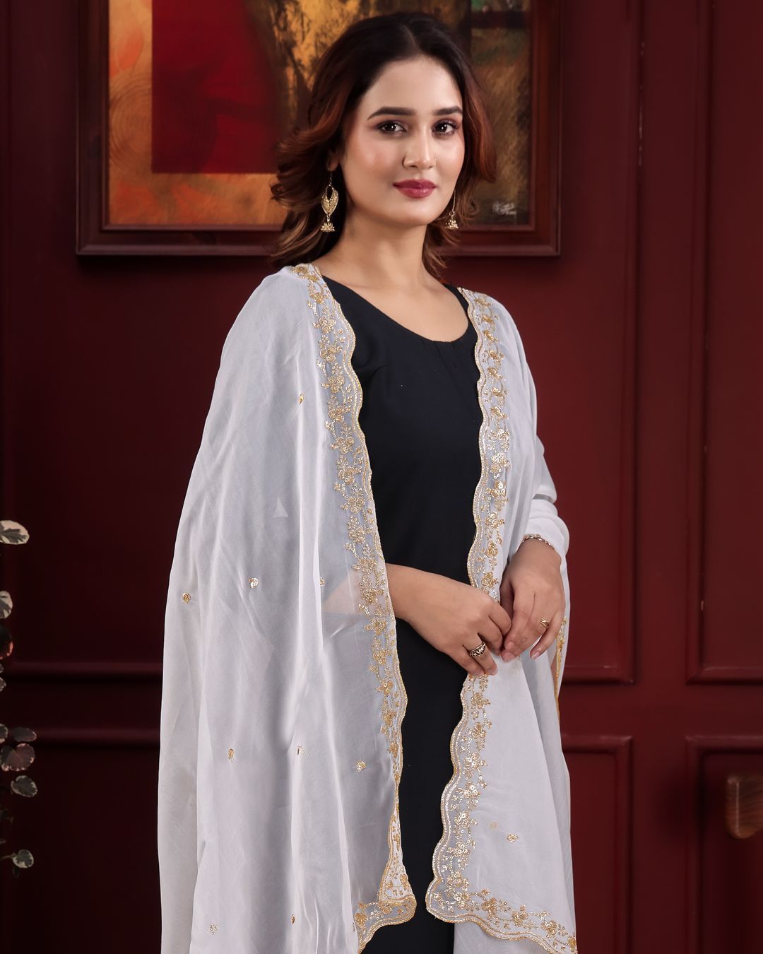 Dyeable Organza Embroidered Dupatta With Sequins & Zari Work - Zareena Meher