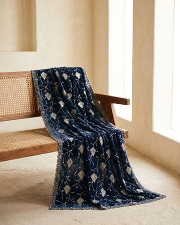 Crush Velvet Embroidered Navy Blue Dupatta - Shahi Andaaz