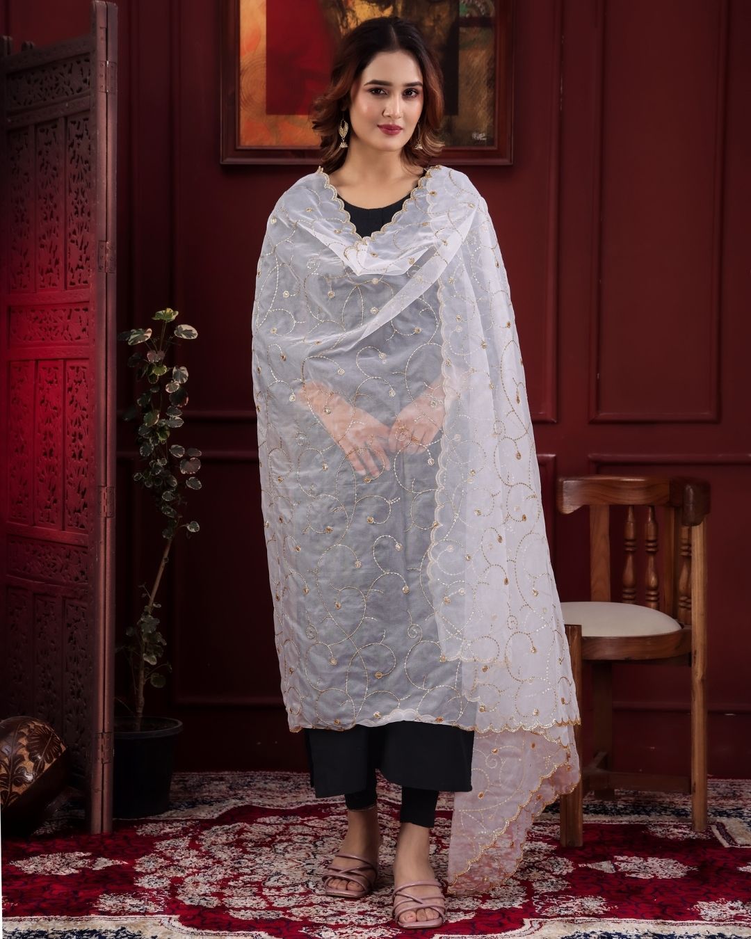 Dyeable Organza Embroidered Dupatta With Sequins & Zari Work - Naqshika Bahar