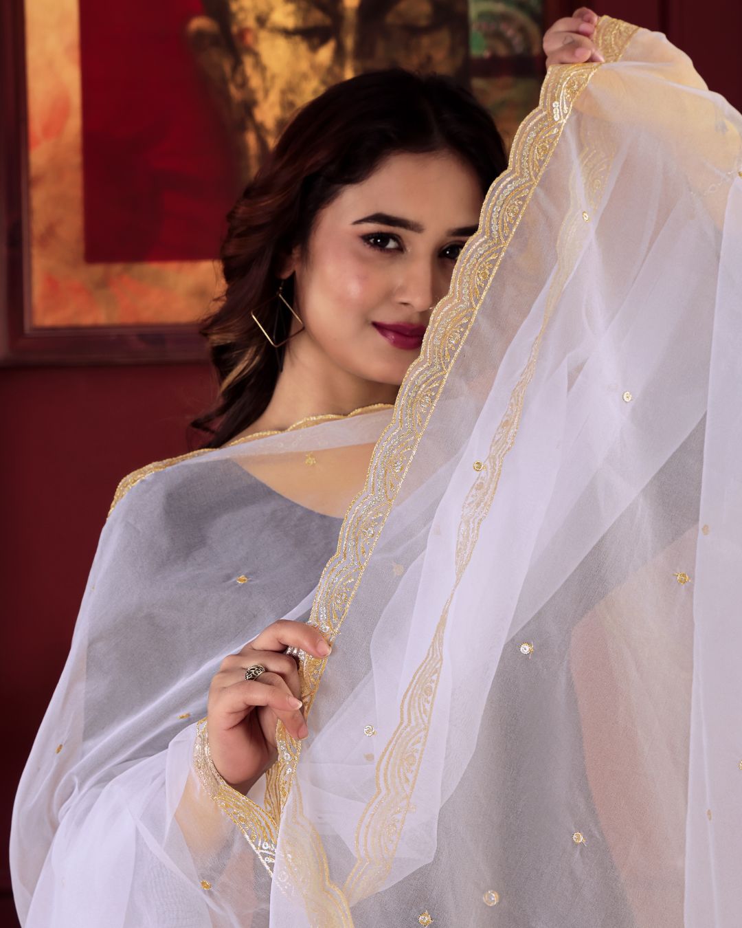 Dyeable Organza Embroidered Dupatta With Sequins & Zari Work - Dilawar Shaan