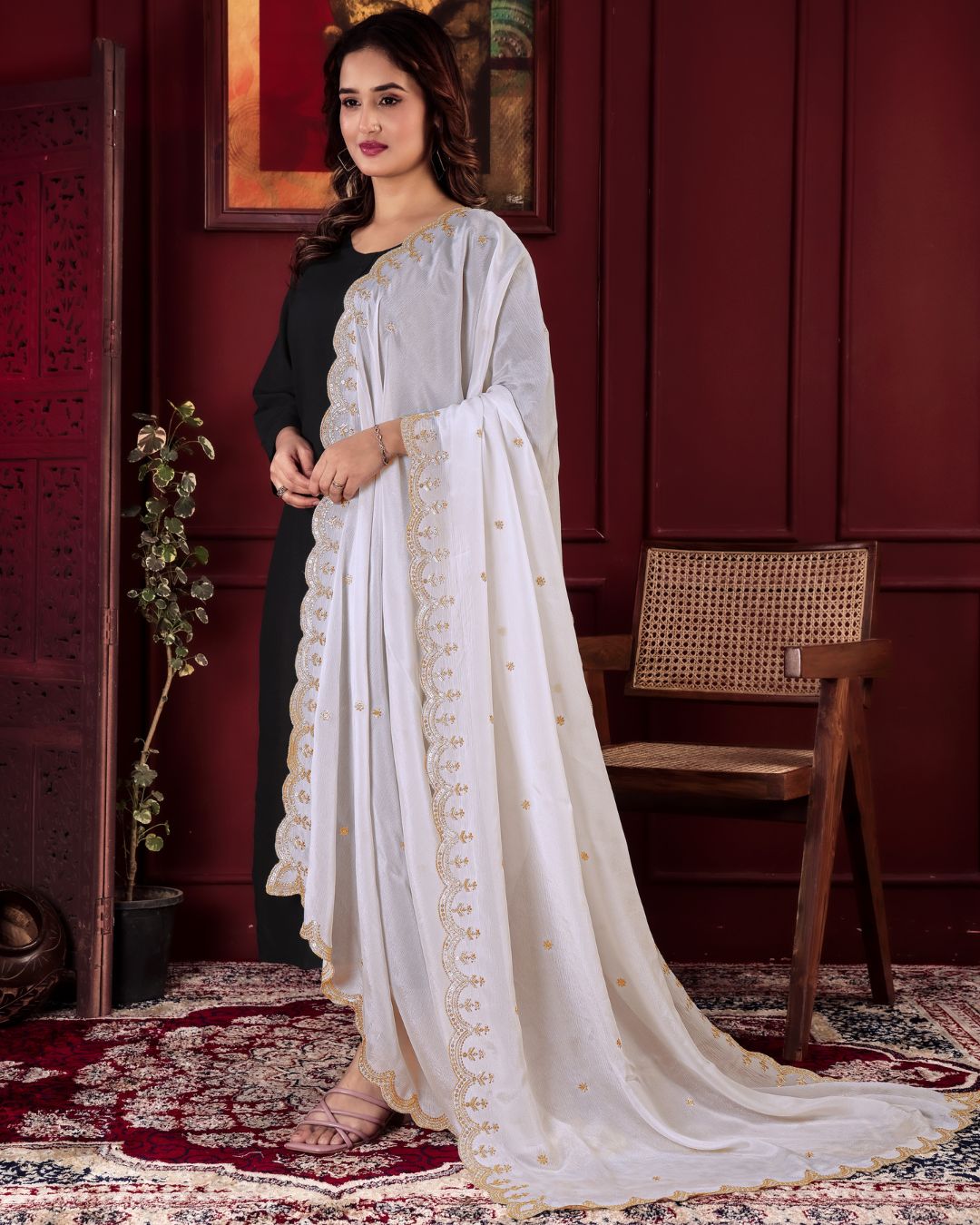 Dyeable Chinon Embroidered Dupatta With Sequins & Zari Work - Noorani Dastak