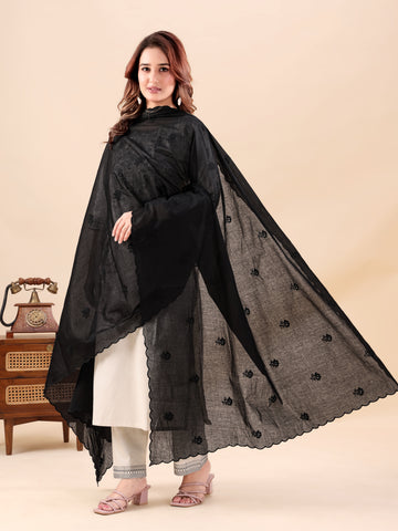 Black Cotton Mulmul Dupatta - Mehrab Grace