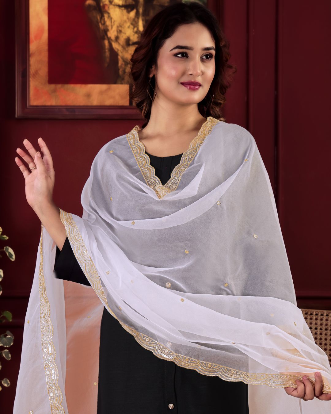 Dyeable Organza Embroidered Dupatta With Sequins & Zari Work - Dilawar Shaan