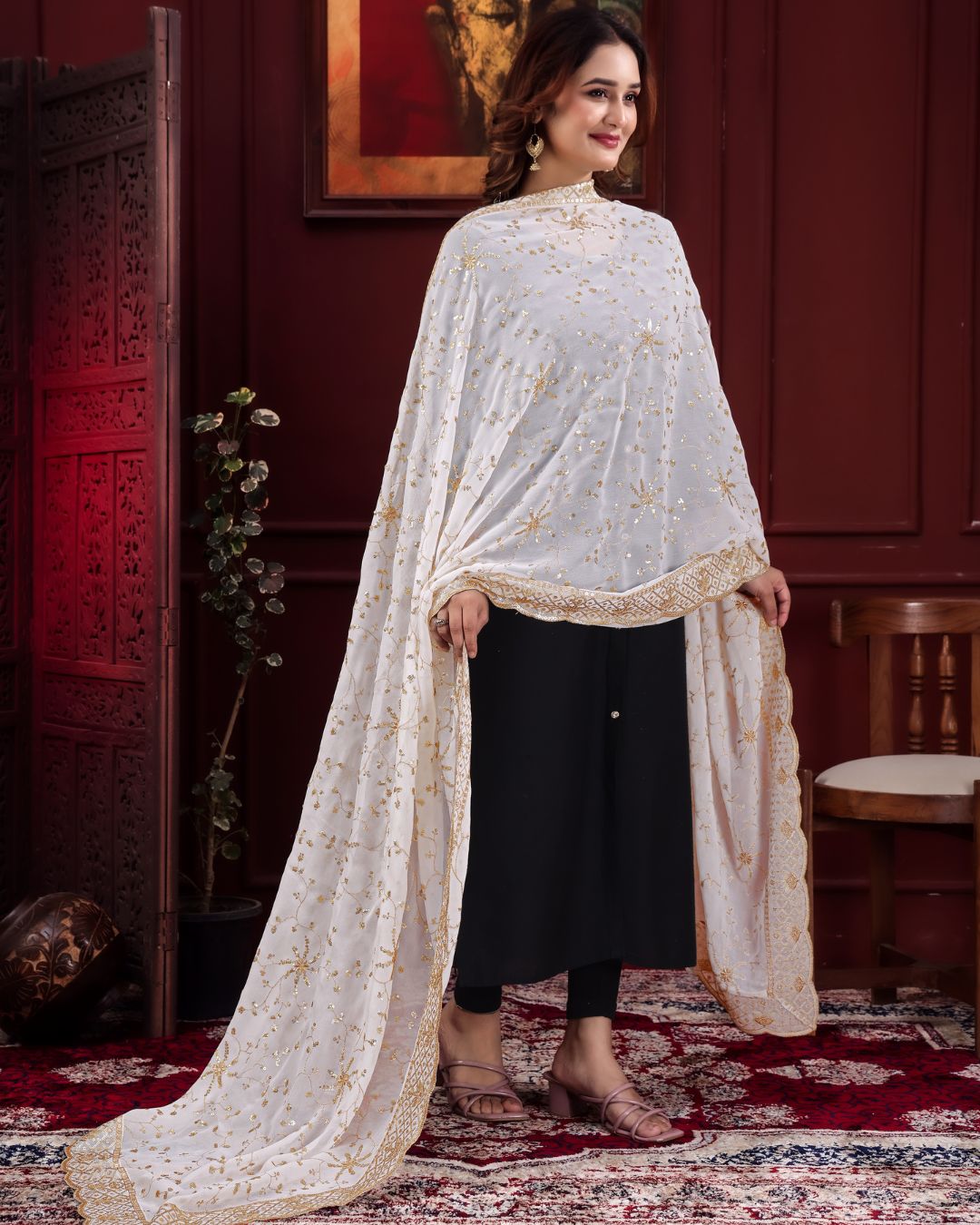 Dyeable Georgette Embroidered Dupatta With Sequins & Zari Work - Sohni Jhalak