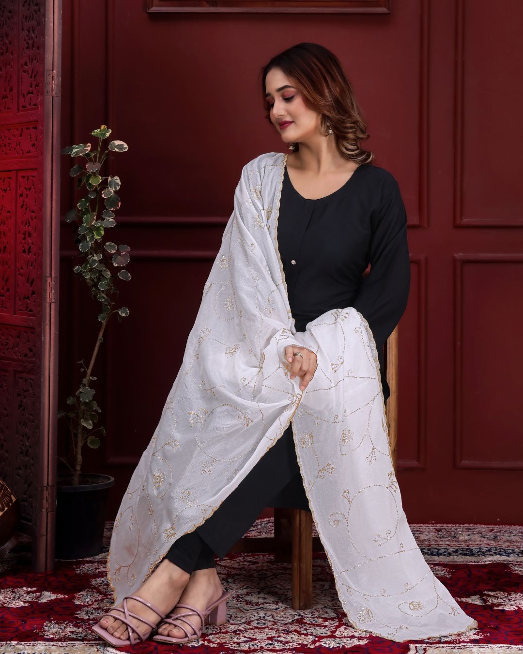 Dyeable Chinon Embroidered Dupatta With Sequins & Zari Work - Chitra Shree