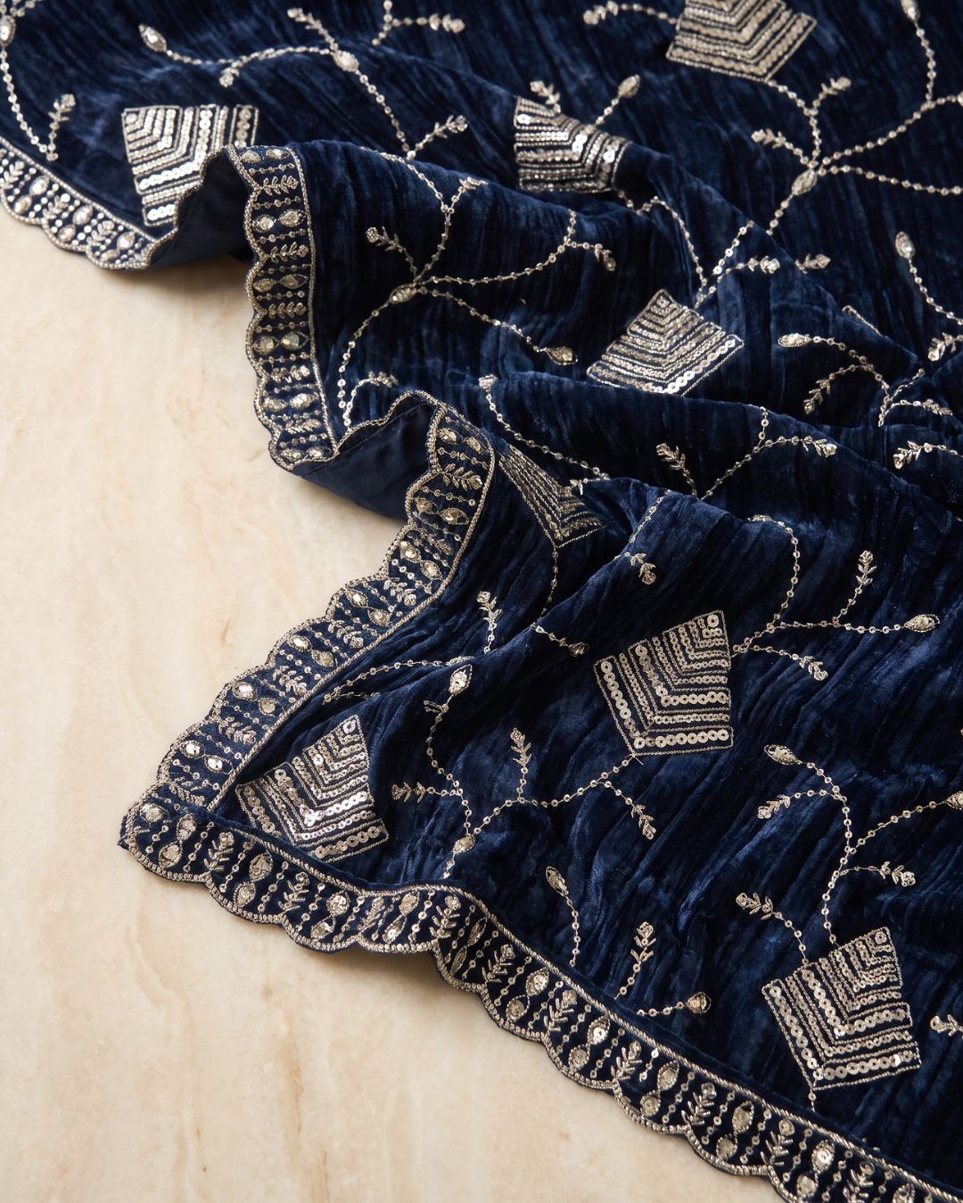 Crush Velvet Embroidered Navy Blue Dupatta - Shahi Andaaz