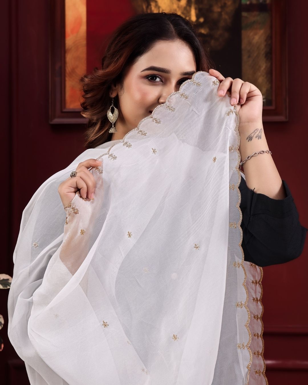 Dyeable Organza Embroidered Dupatta With Sequins & Zari Work - Sahiba Rooh