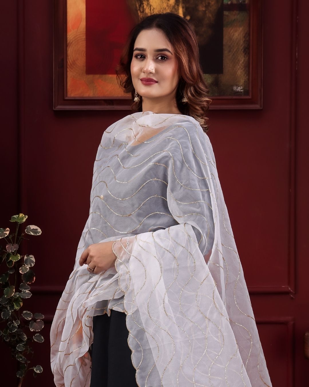 Dyeable Organza Embroidered Dupatta With Sequins & Zari Work - Lehrika