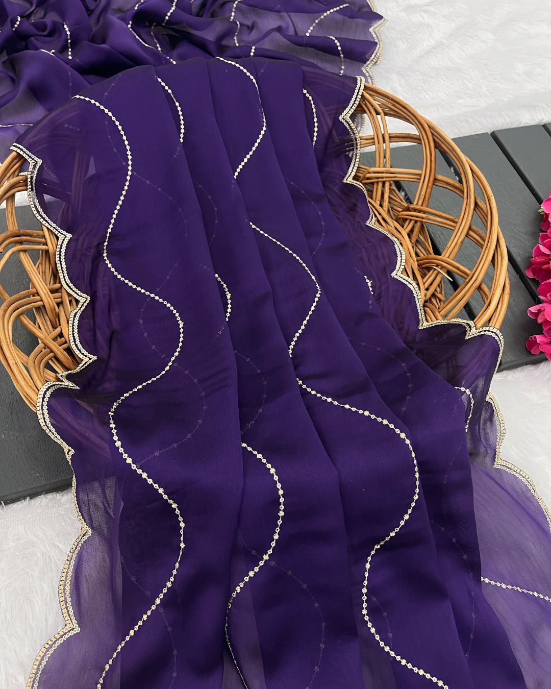 Rangoli Embroidered Deep Violet Dupatta With Sequins & Zari Work - Zari Lehar