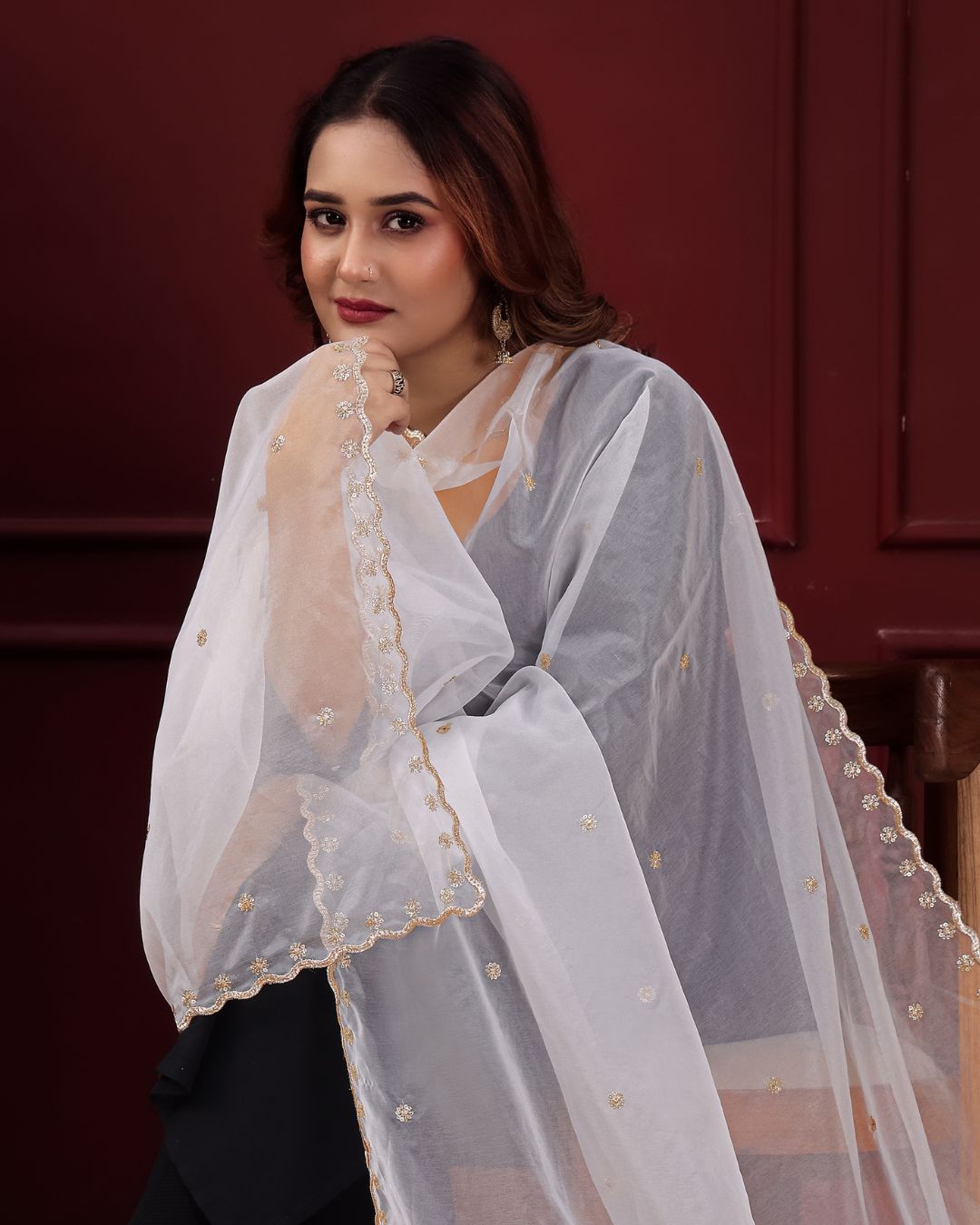 Dyeable Organza Embroidered Dupatta With Sequins & Zari Work - Pankhudi