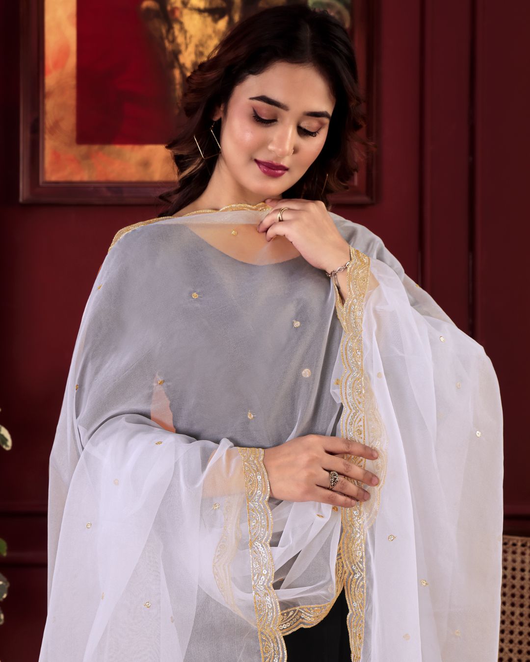 Dyeable Organza Embroidered Dupatta With Sequins & Zari Work - Dilawar Shaan