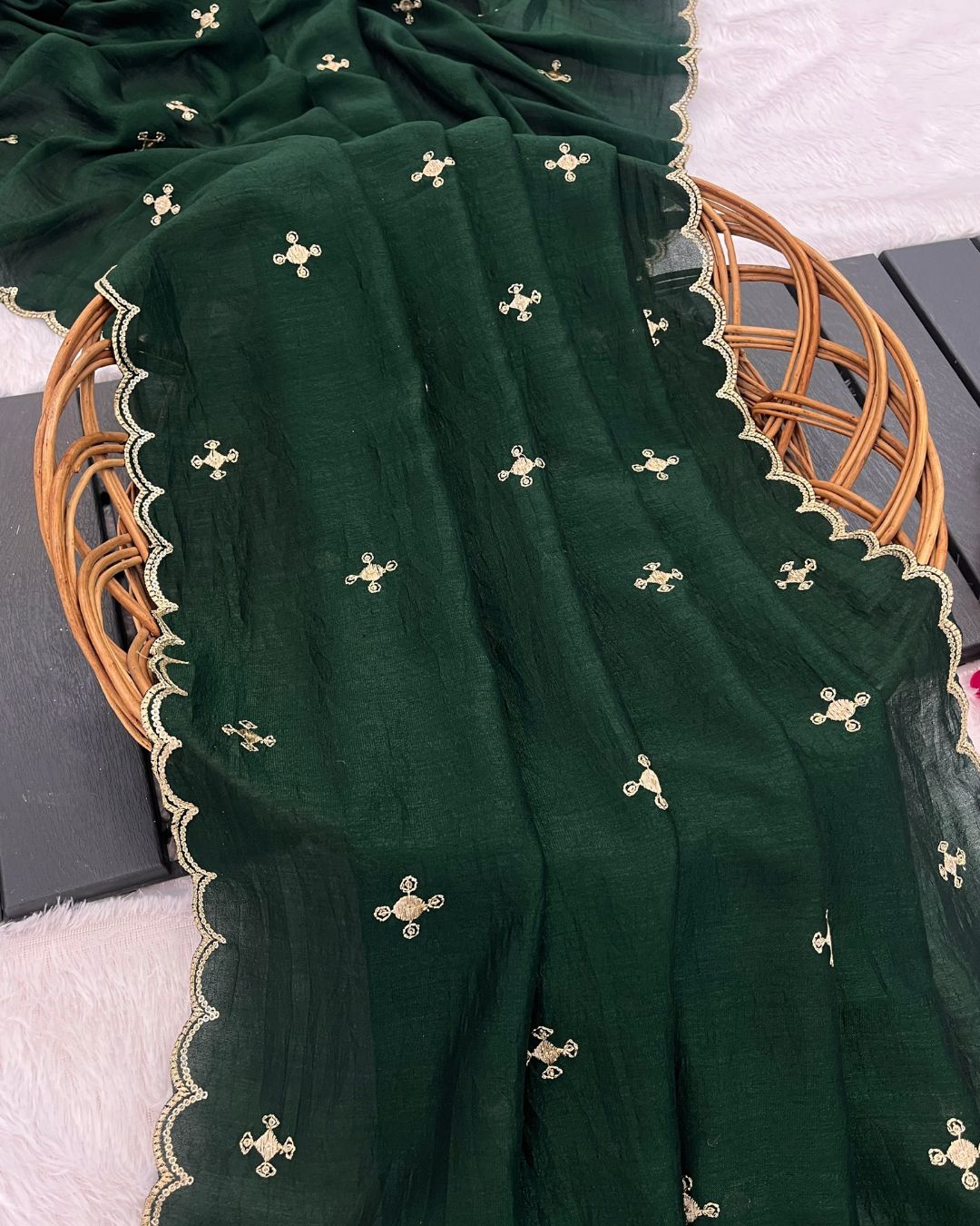 Vichitra Silk Embroidered Deep Bottle Green Dupatta With Sequins & Zari Work - Rang Sajawat