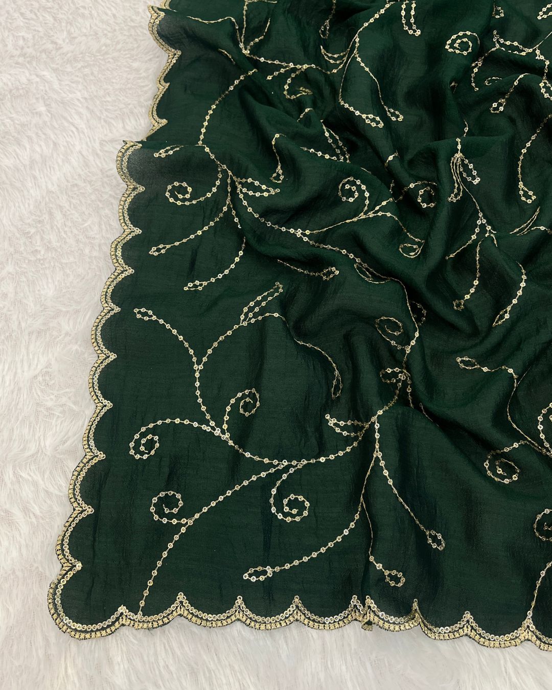 Vichitra Silk Embroidered Deep Bottle Green Dupatta With Sequins & Zari Work - Kalanidhi