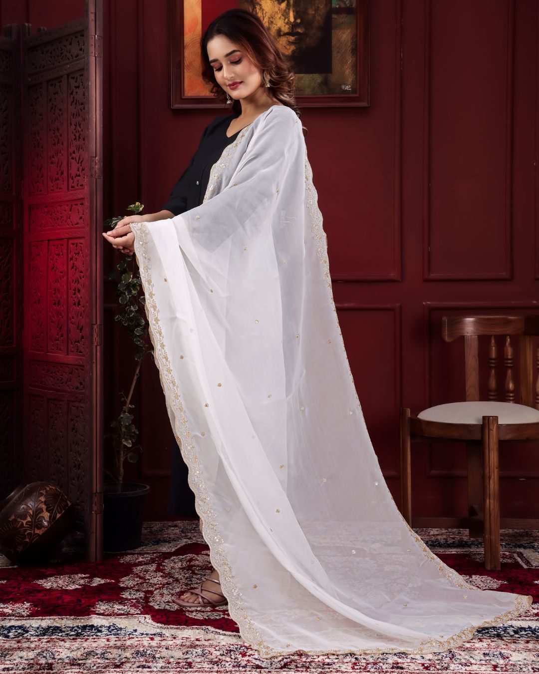 Dyeable Organza Embroidered Dupatta With Sequins & Zari Work - Zareena Meher