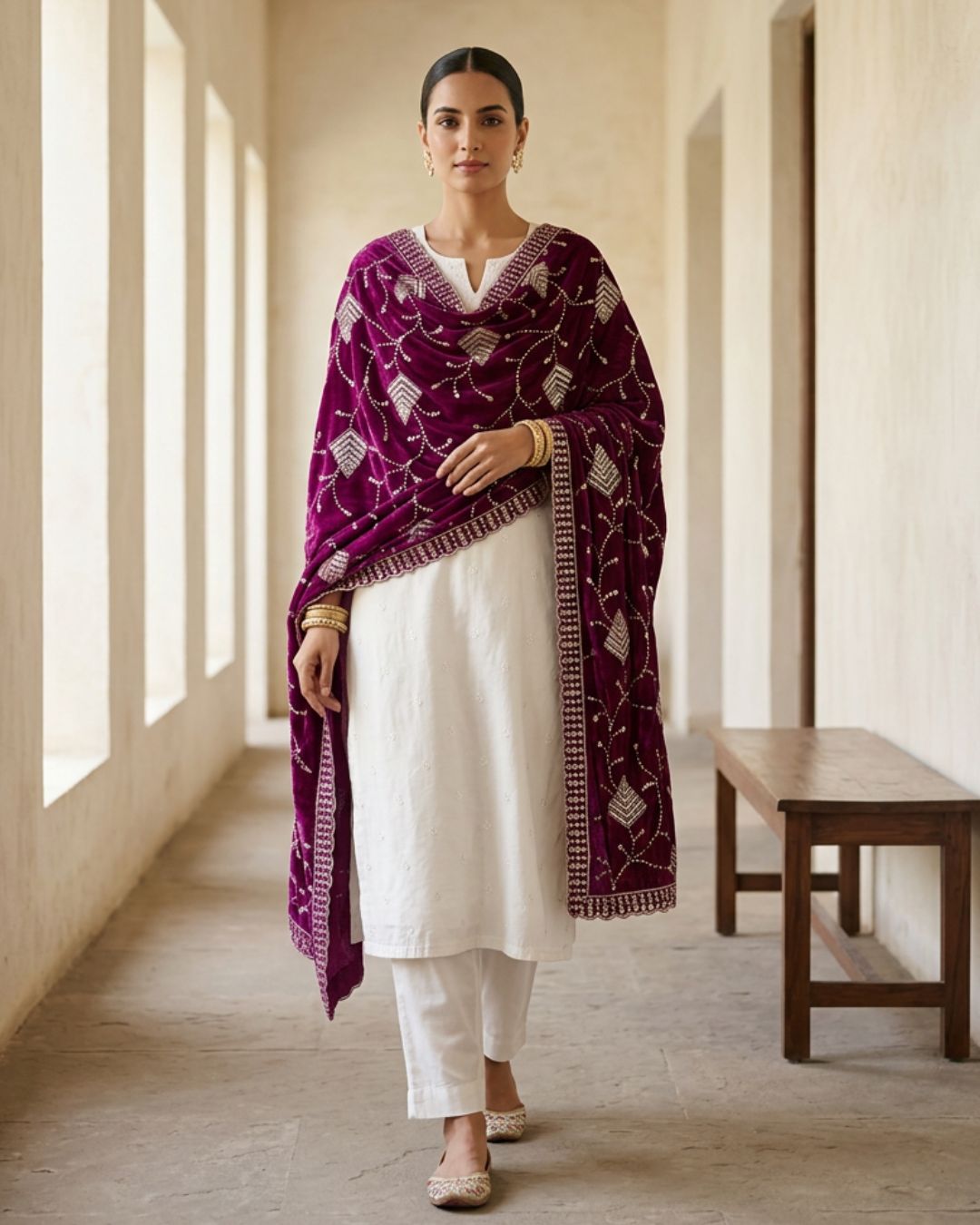 Crush Velvet Embroidered Wine Dupatta - Shahi Andaaz