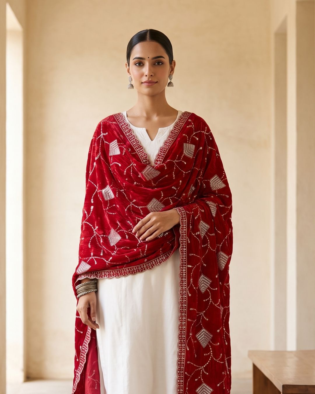 Crush Velvet Embroidered Red Dupatta - Shahi Andaaz