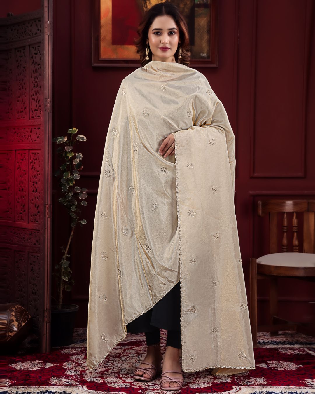 Dyeable Tissue Silk Embroidered Dupatta With Sequins & Zari Work - Gul Bahar