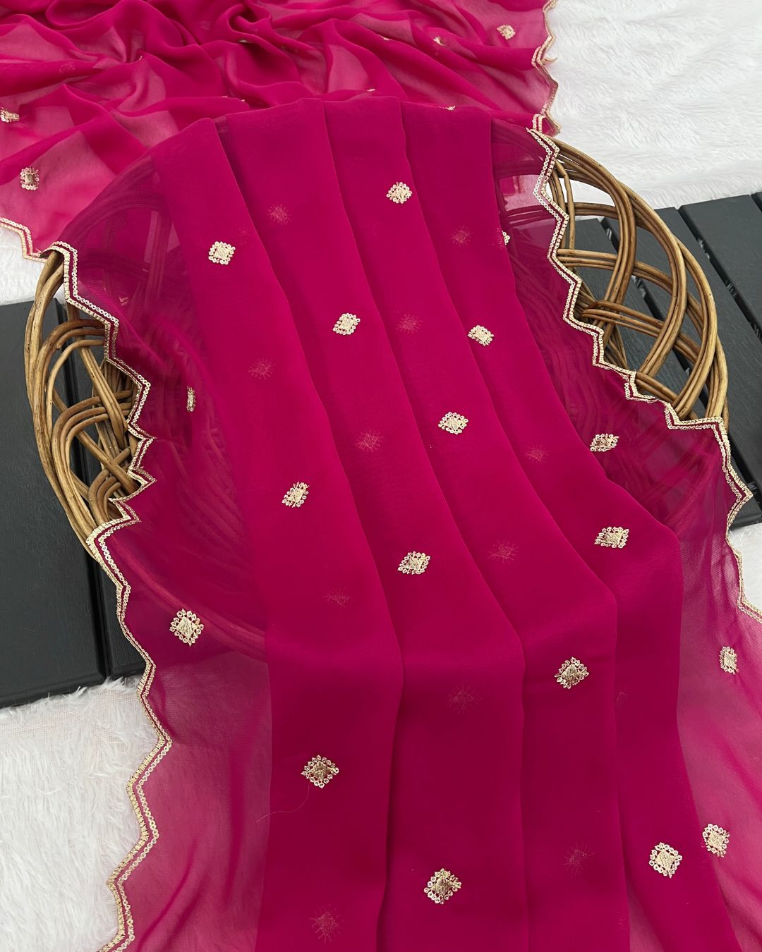 Rangoli Embroidered Light Rani Dupatta With Sequins & Zari Work - Mallika Roop