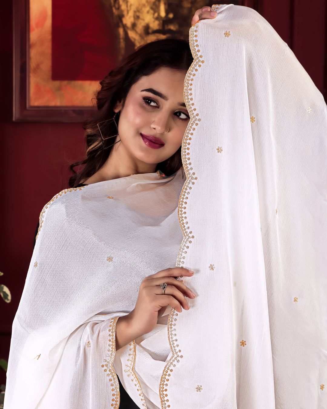 Dyeable Chinon Embroidered Dupatta With Sequins & Zari Work - Banno Mahek