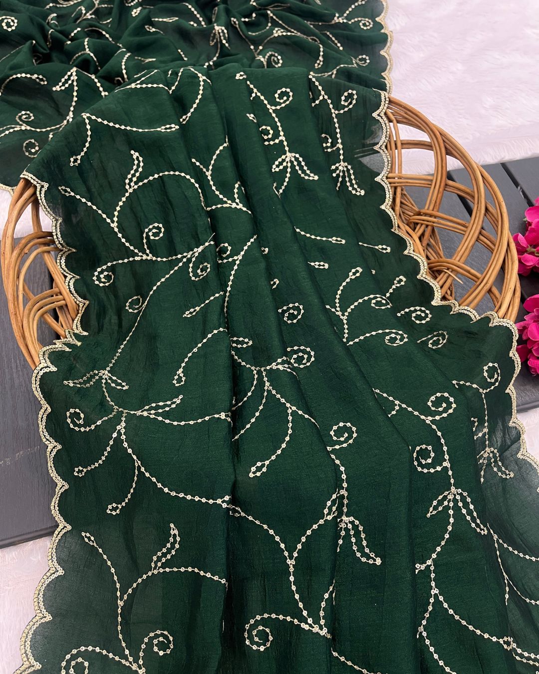 Vichitra Silk Embroidered Deep Bottle Green Dupatta With Sequins & Zari Work - Kalanidhi