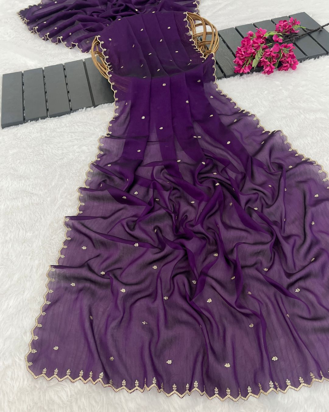 Rangoli Embroidered Deep Purple Dupatta With Sequins & Zari Work - Nazrana Butti