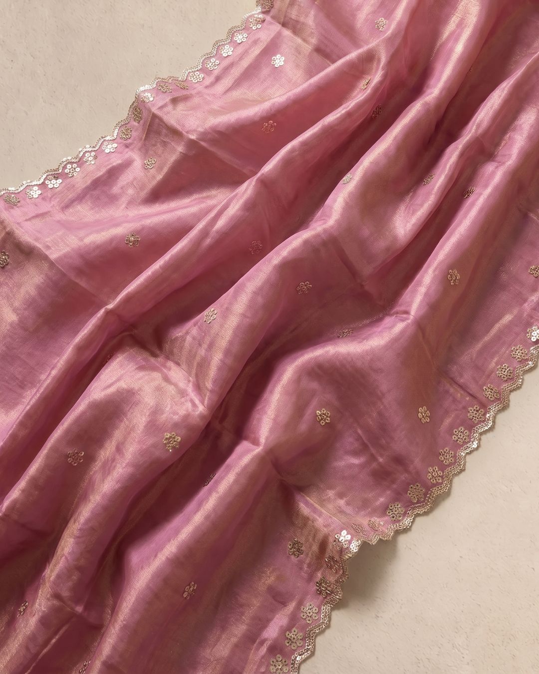 Noore Charm Light Pink Tissue Silk Dupatta With Sequins & Zari Work
