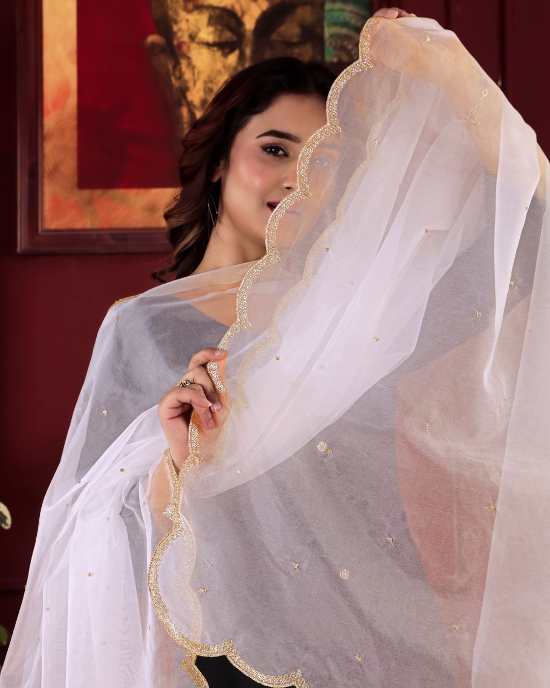 Dyeable Organza Embroidered Dupatta With Sequins & Zari Work - Mannat Roop