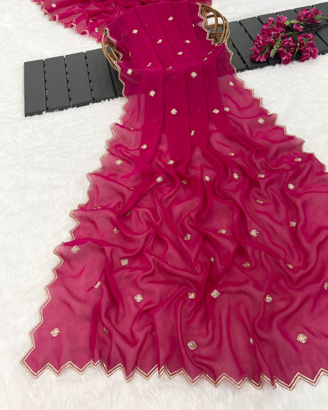 Rangoli Embroidered Light Rani Dupatta With Sequins & Zari Work - Mallika Roop