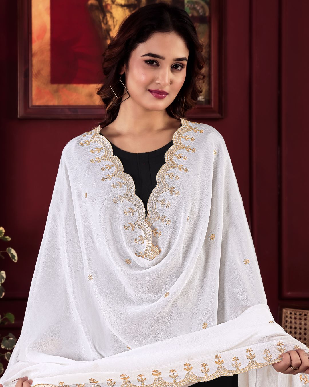 Dyeable Chinon Embroidered Dupatta With Sequins & Zari Work - Noorani Dastak