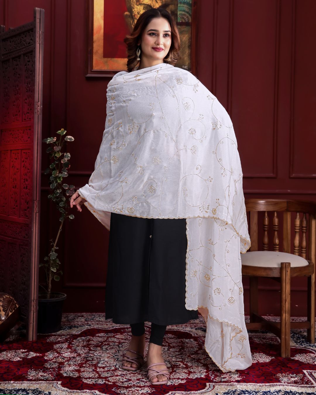 Dyeable Chinon Embroidered Dupatta With Sequins & Zari Work - Chitra Shree