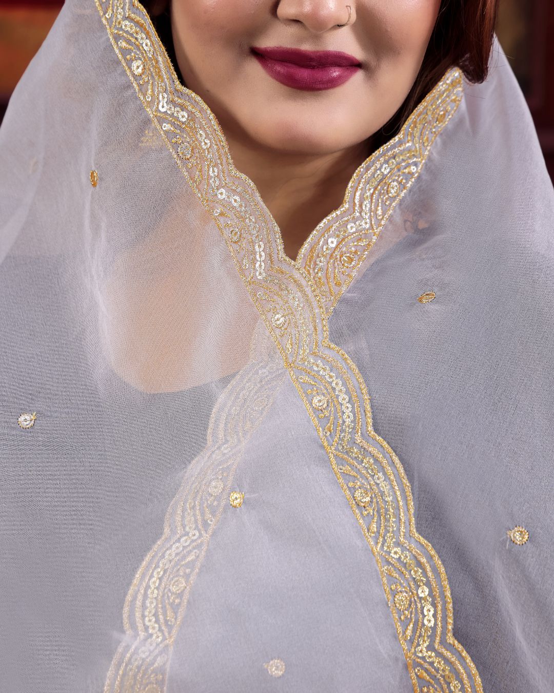 Dyeable Organza Embroidered Dupatta With Sequins & Zari Work - Dilawar Shaan