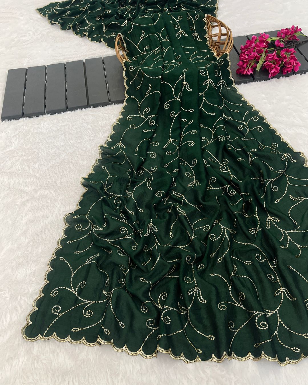Vichitra Silk Embroidered Deep Bottle Green Dupatta With Sequins & Zari Work - Kalanidhi