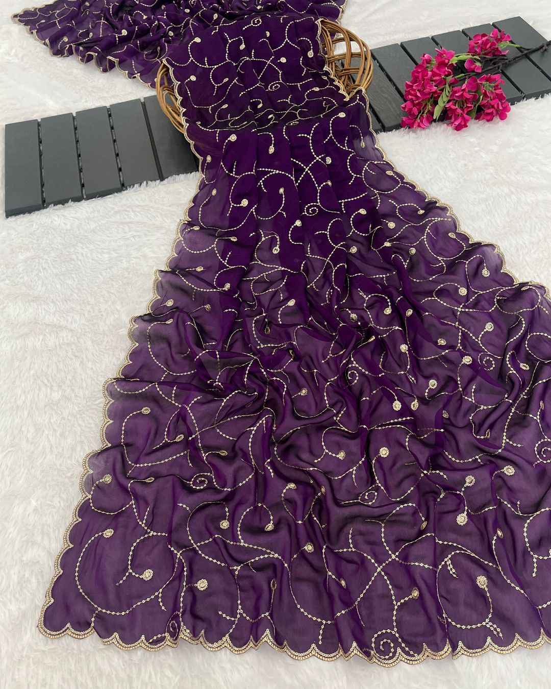Rangoli Embroidered Deep Purple Dupatta With Sequins & Zari Work - Kalyani Naqsh