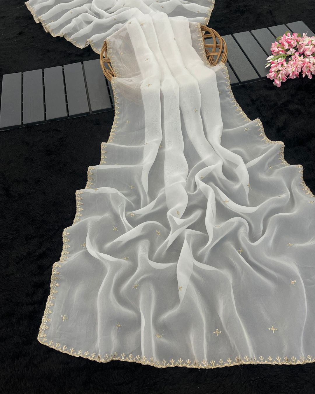 Dyeable Organza Embroidered Dupatta With Sequins & Zari Work - Zeenat Gulzar
