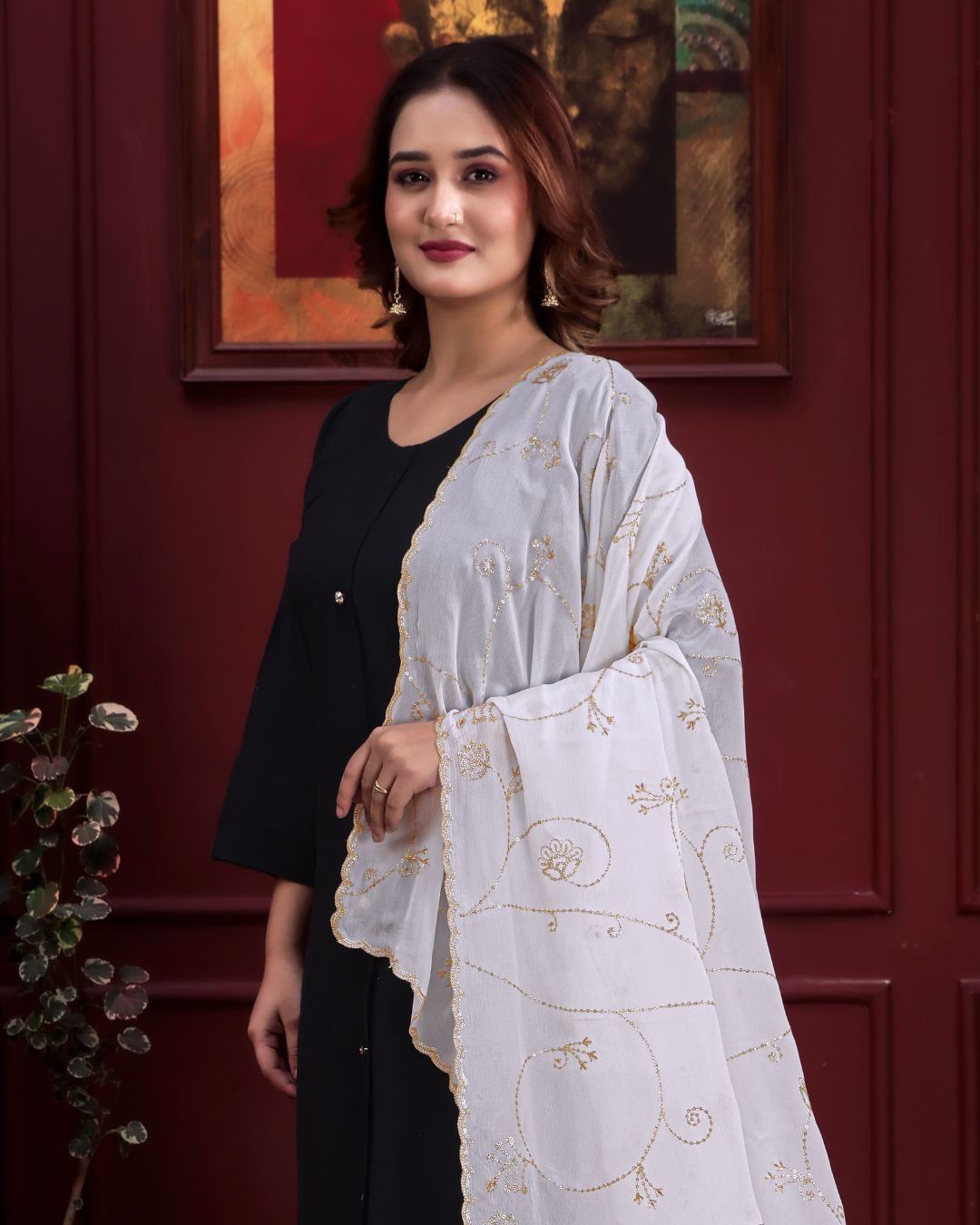 Dyeable Chinon Embroidered Dupatta With Sequins & Zari Work - Chitra Shree