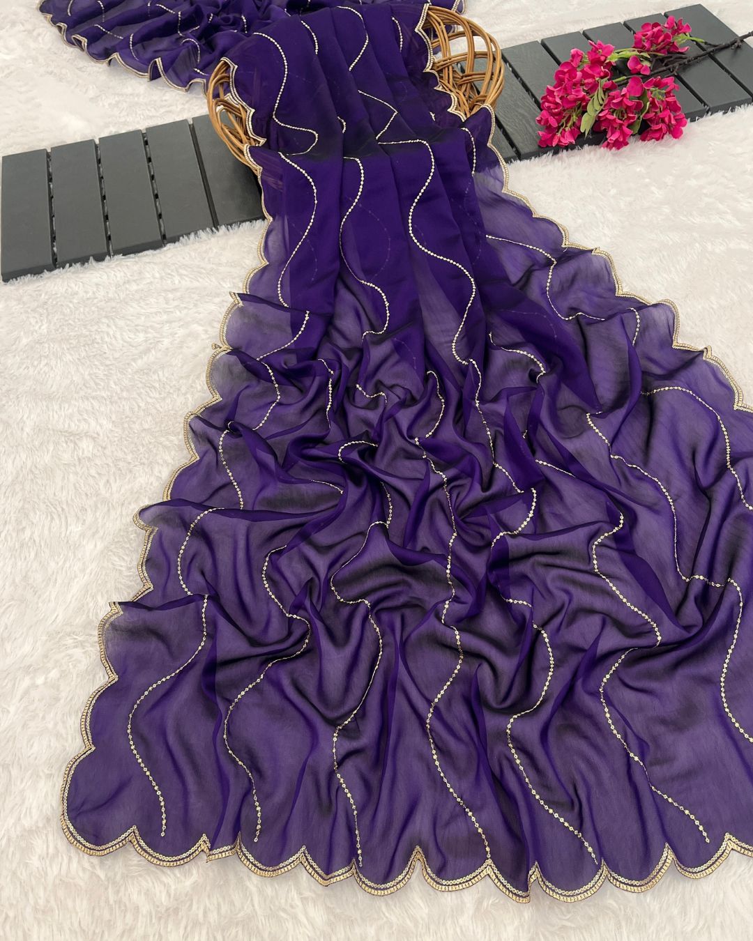 Rangoli Embroidered Deep Violet Dupatta With Sequins & Zari Work - Zari Lehar