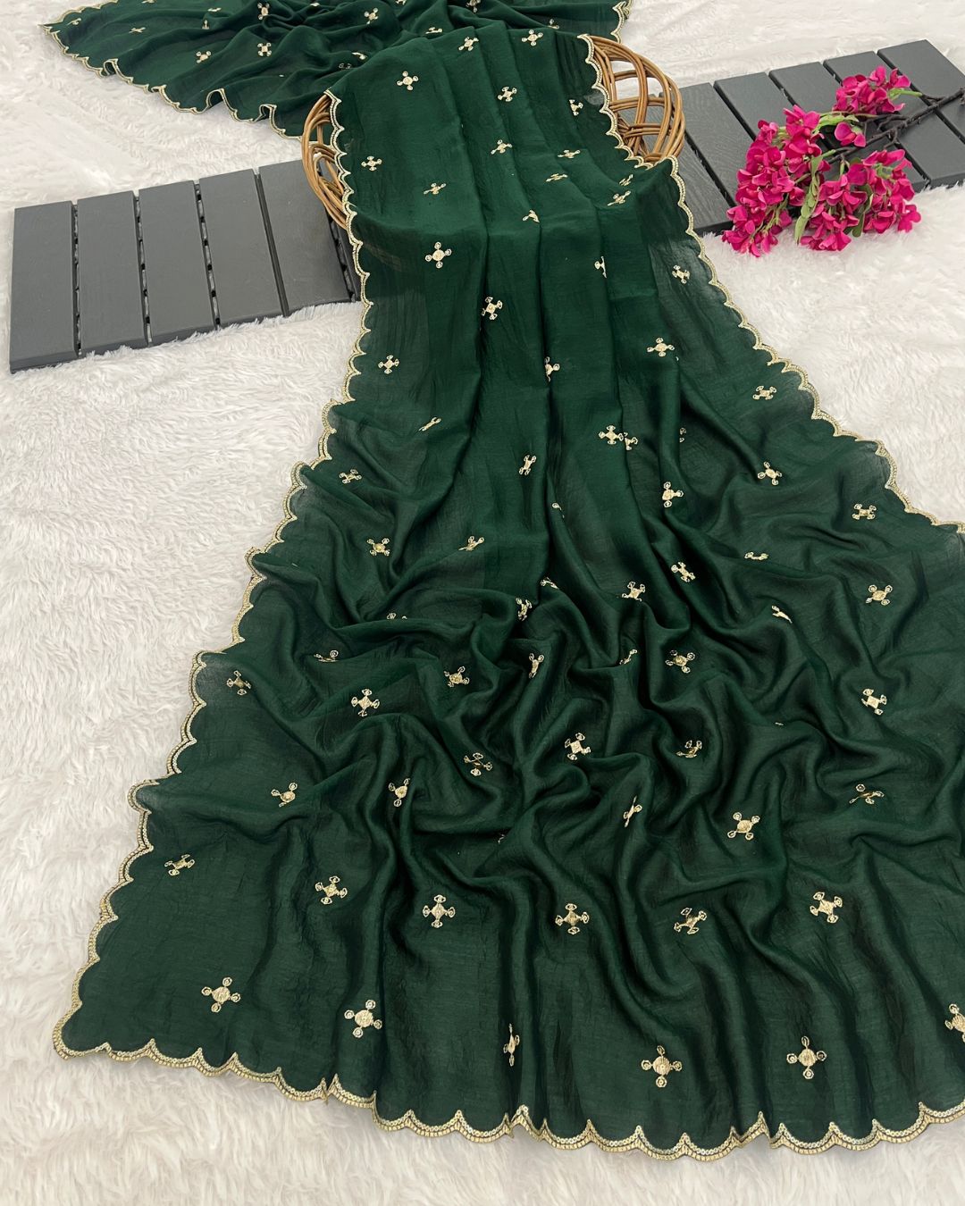 Vichitra Silk Embroidered Deep Bottle Green Dupatta With Sequins & Zari Work - Rang Sajawat