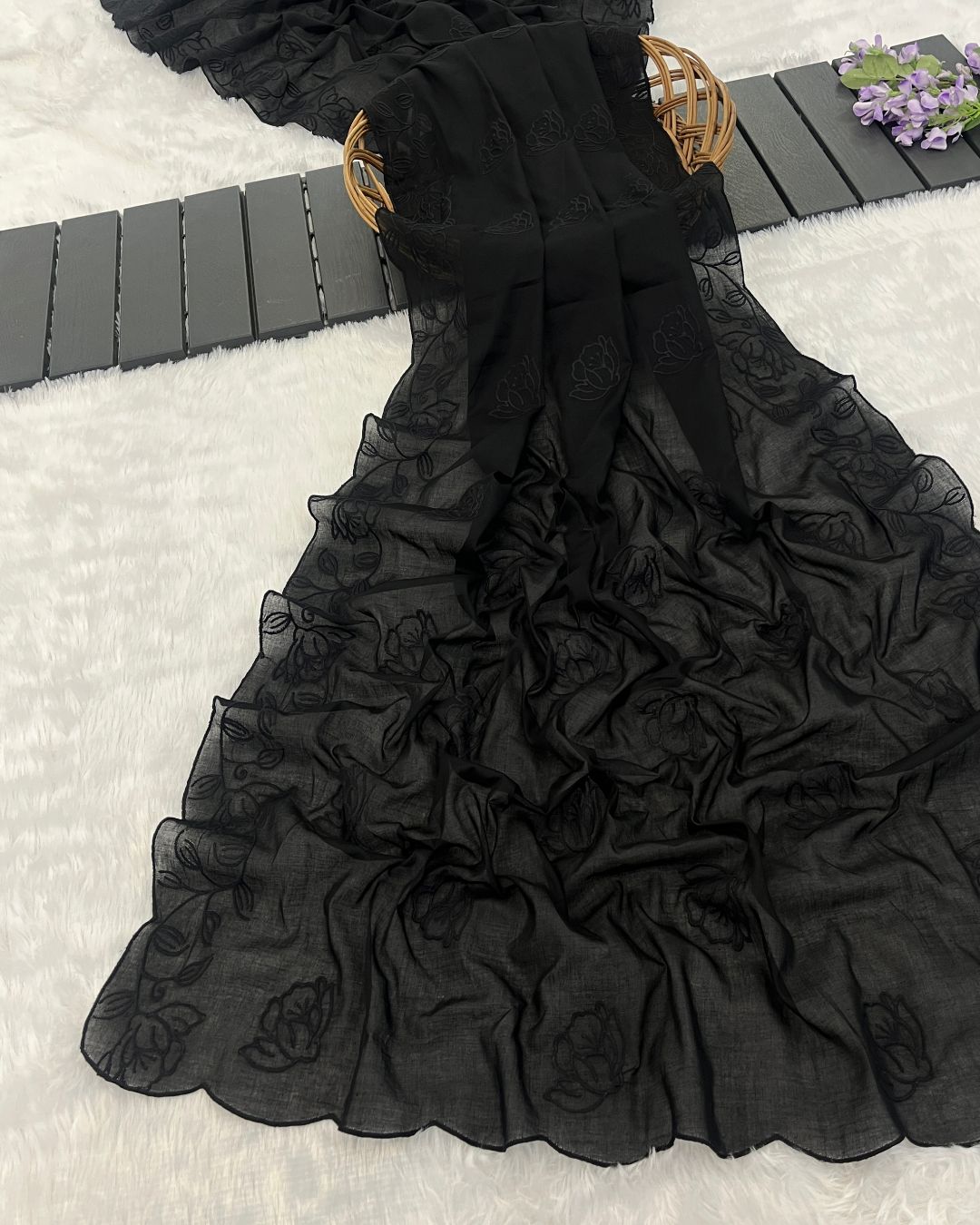 Black Cotton Mulmul Dupatta - Siyah Sitara