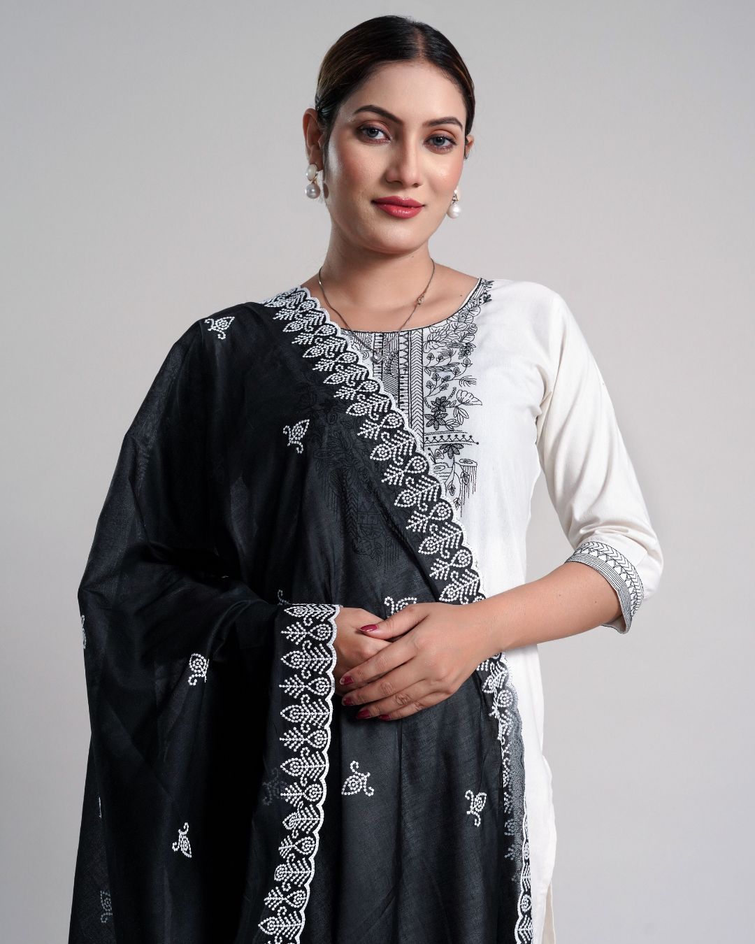 Black Cotton Mulmul Dupatta - Cross Stitch