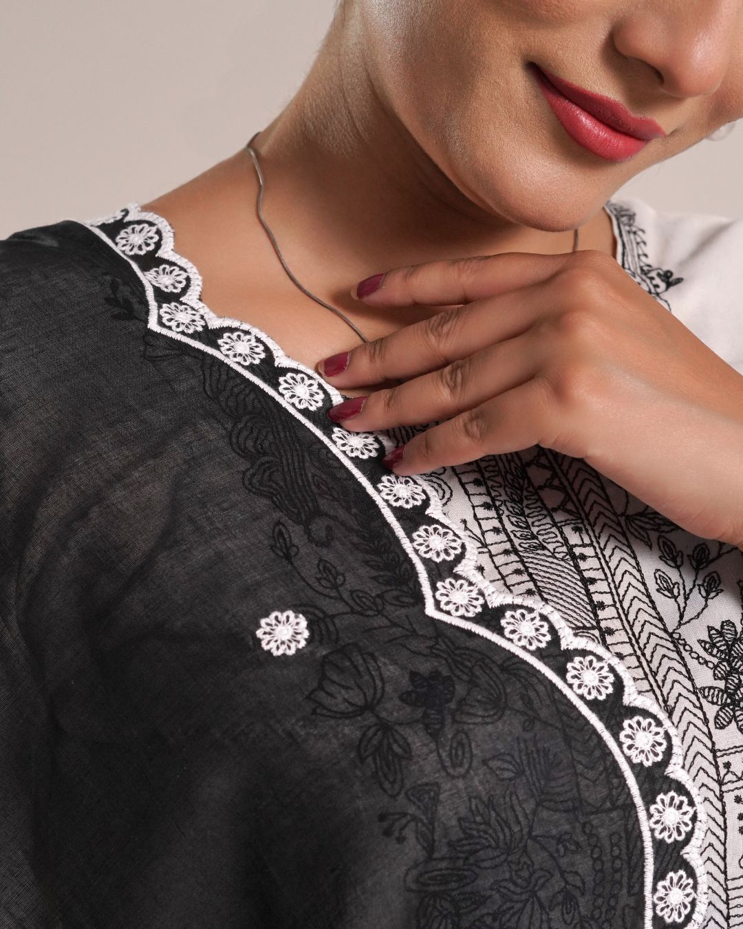 Black Cotton Mulmul Dupatta - Petal Drift