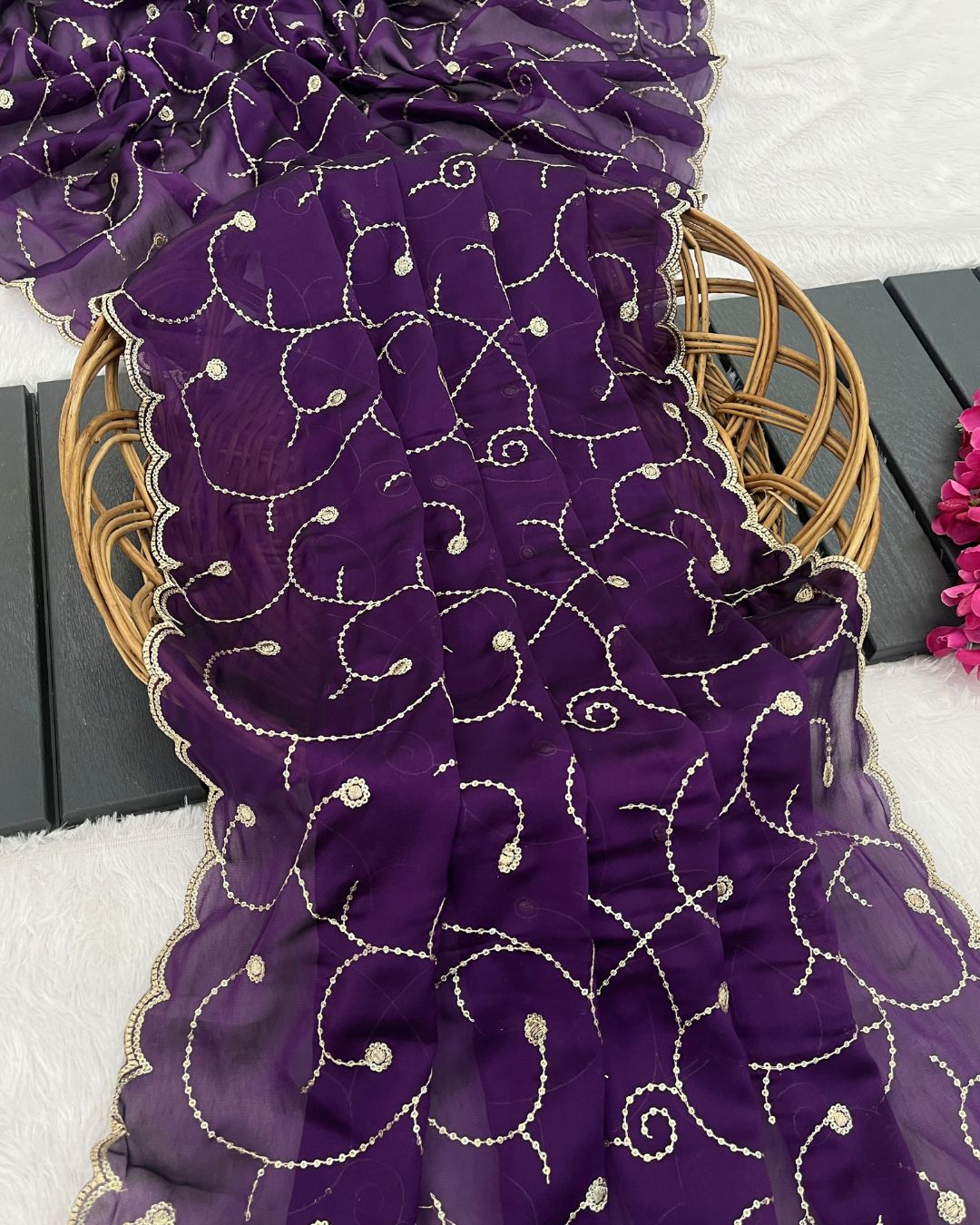 Rangoli Embroidered Deep Purple Dupatta With Sequins & Zari Work - Kalyani Naqsh