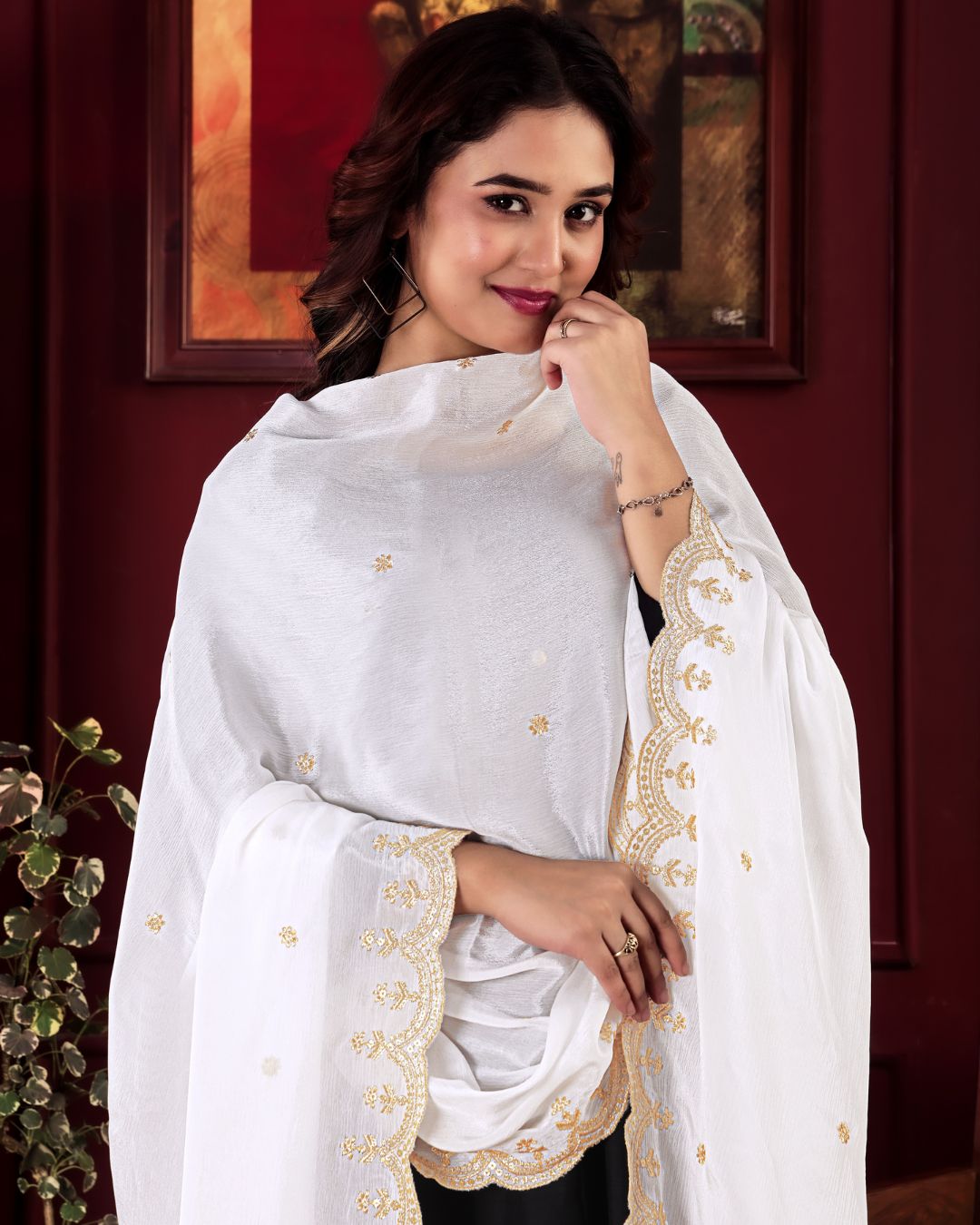 Dyeable Chinon Embroidered Dupatta With Sequins & Zari Work - Noorani Dastak