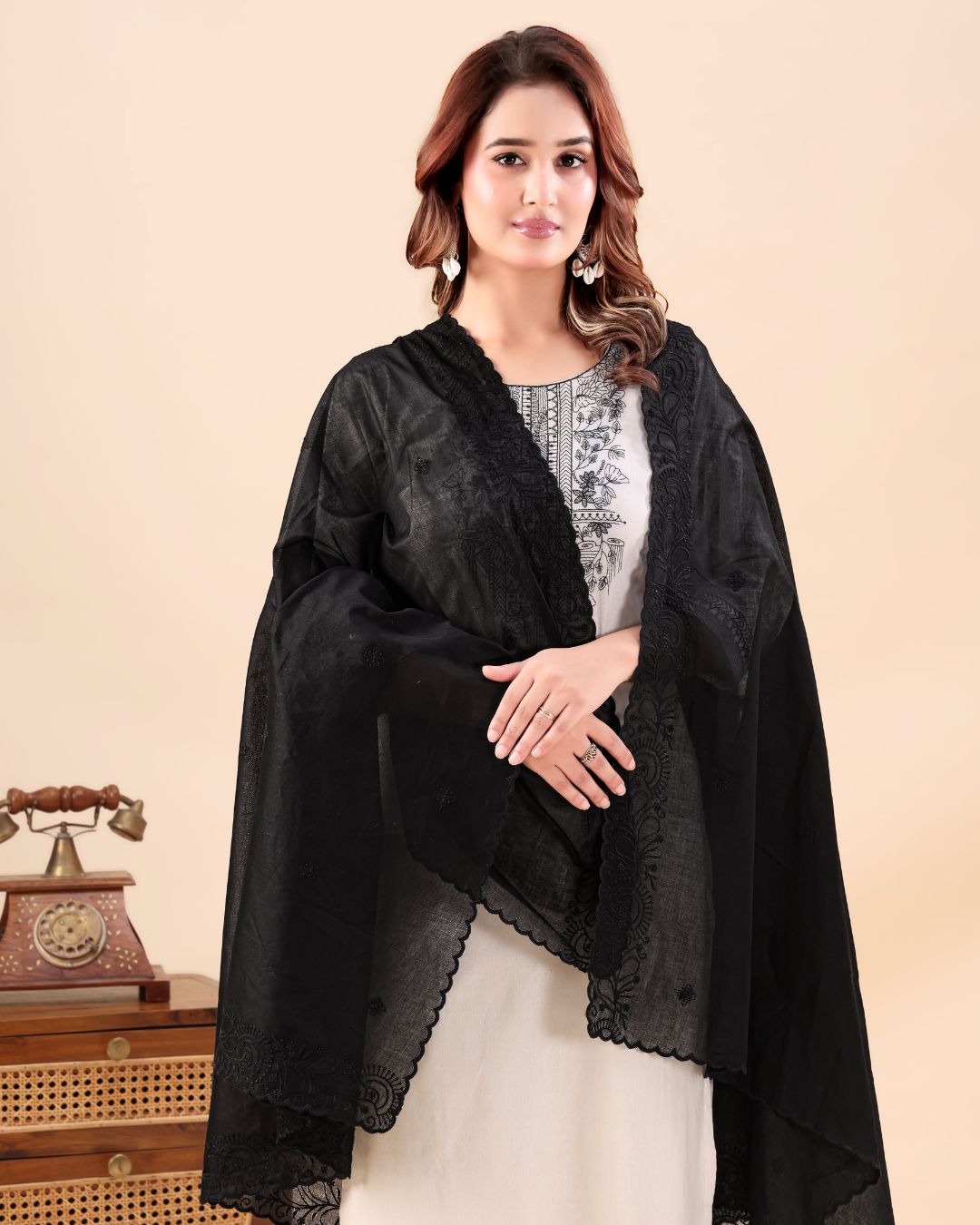 Black Cotton Mulmul Dupatta - Flora Trail