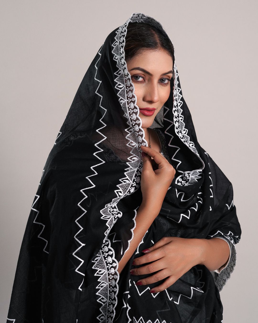 Black Cotton Mulmul Dupatta - Tribal Edge