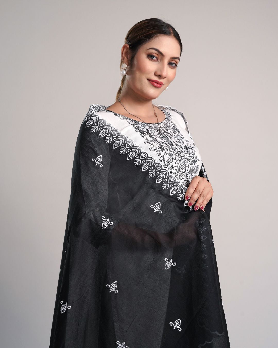 Black Cotton Mulmul Dupatta - Cross Stitch