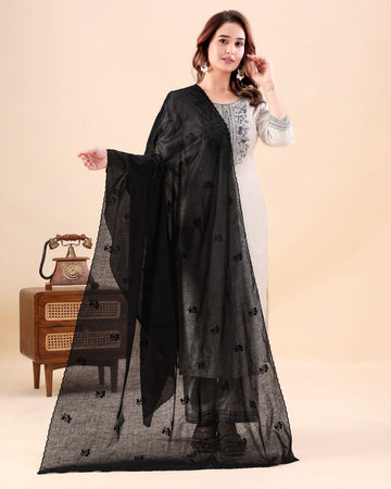Black Cotton Mulmul Dupatta - Zareen Buti