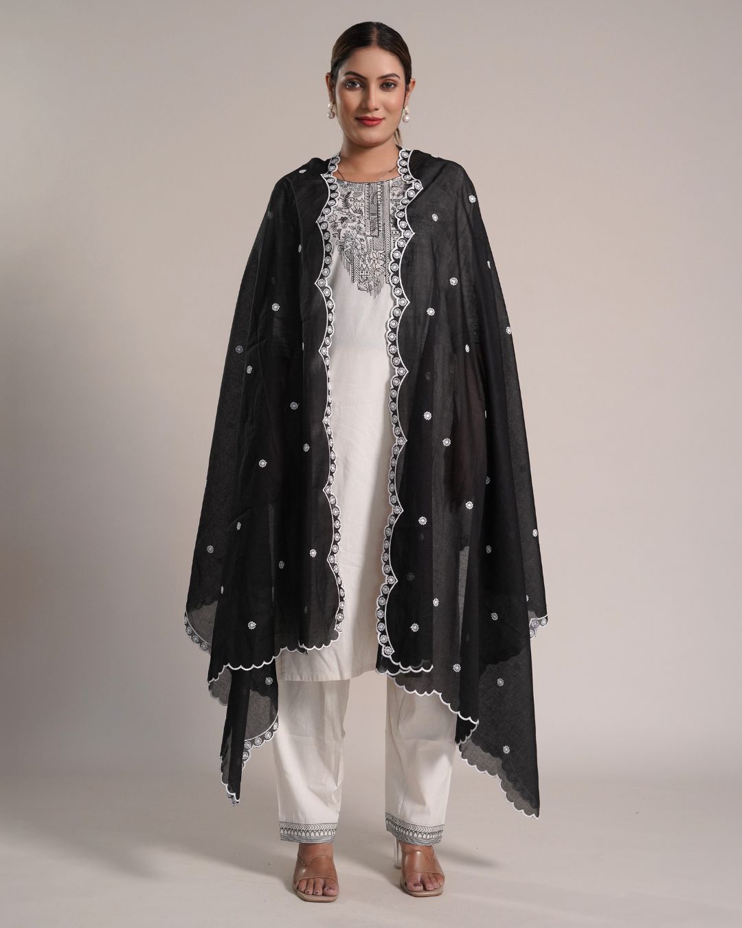 Black Cotton Mulmul Dupatta - Petal Drift